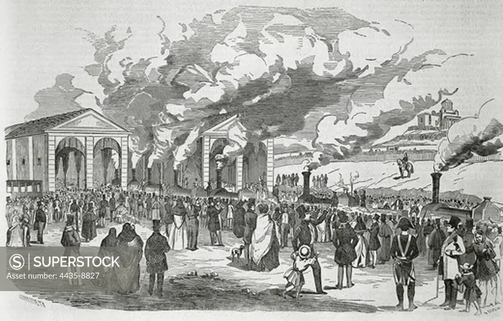 Spain (February 9th, 1851). Opening of a railroad from Madrid to Aranjuez. Published in 'La IlustraciÑn. PeriÑdico Universal'. SPAIN. MADRID (AUTONOMOUS COMMUNITY). Madrid. National Library.