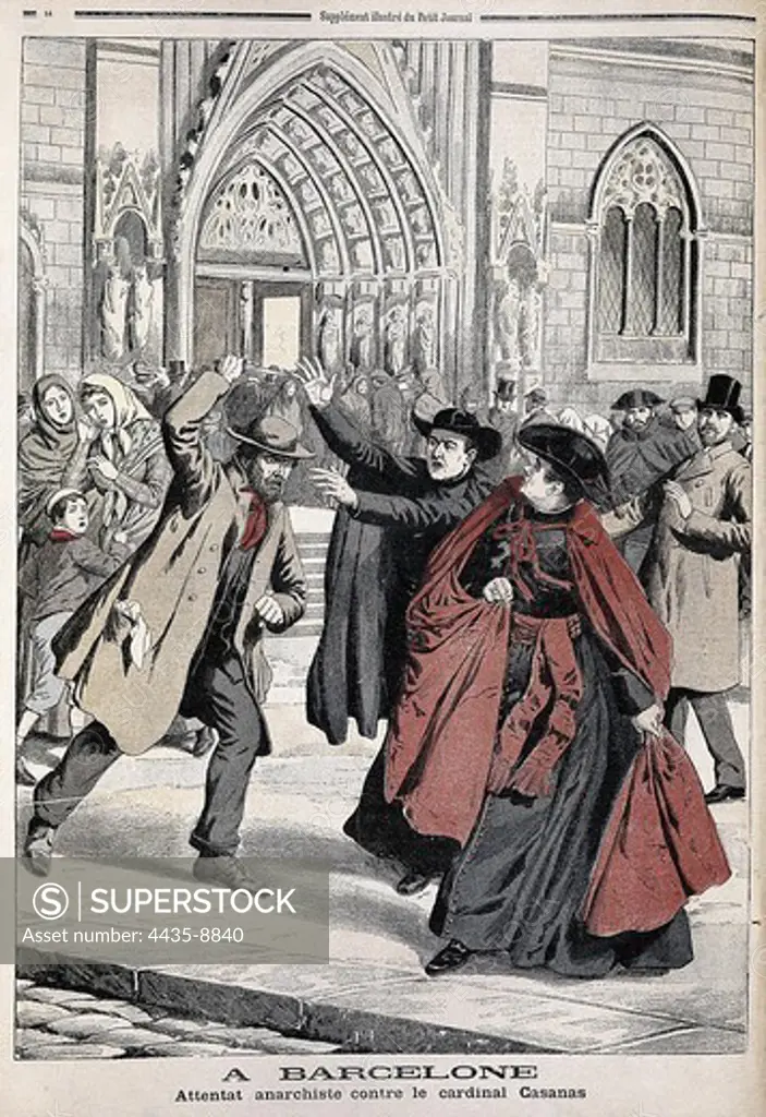 Spain (1905). Anarchist attack against cardinal CasaÐas in front of the cathedral of Barcelona. 'Le Petit Journal'. Engraving. FRANCE. LE-DE-FRANCE. Paris. National Library.