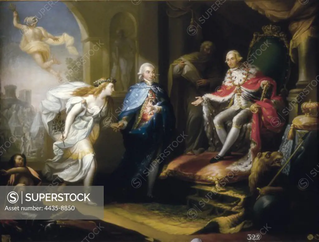 APARICIO INGLADA, Jos_ (1773-1838). Godoy Presenting Peace to Charles IV. 1796. Allegory of the Peace of Basel (1795) which ended the Convention War between Spain and France. Neoclassicism. Oil on canvas. SPAIN. MADRID (AUTONOMOUS COMMUNITY). Madrid. St. Fernando Royal Academy Museum.