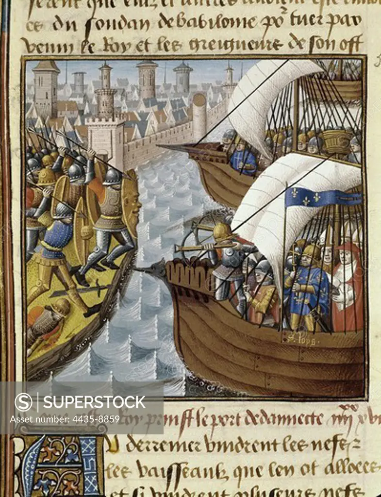 VINCENT of BEAUVAIS (1190-1264). Speculum historiale. ca. 1460. Seventh Crusade. The Crusaders fleet in front of the coast of Damietta in 1249. Picture of the volume III of Le Miroir Historial by Vincent de Beauvais, work of the Master Franois (15th c.). Gothic art. Miniature Painting. FRANCE. ‘LE-DE-FRANCE. Paris. National Library.