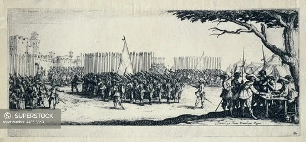 Troop recruitment. Engraving from 'The miseries of war', 1633, series based on the Thirty Years' War. Etching.