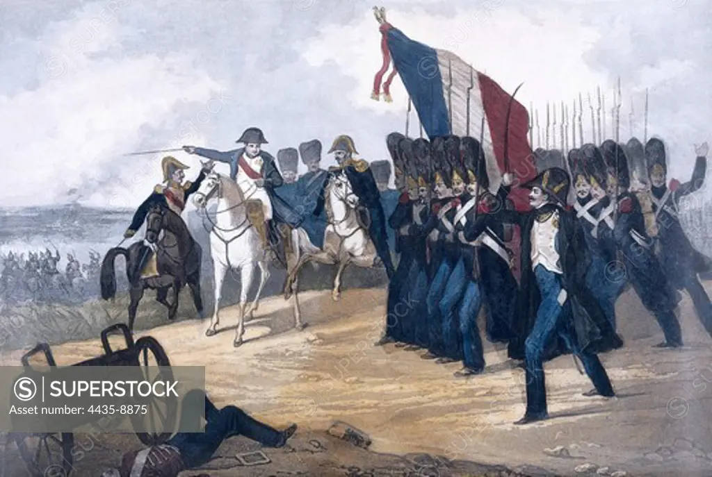 Napoleon in the Battle of Waterloo, 1815. The French, English and Prussian armies were defeated, which implied the fall of the emperor. Drawing.