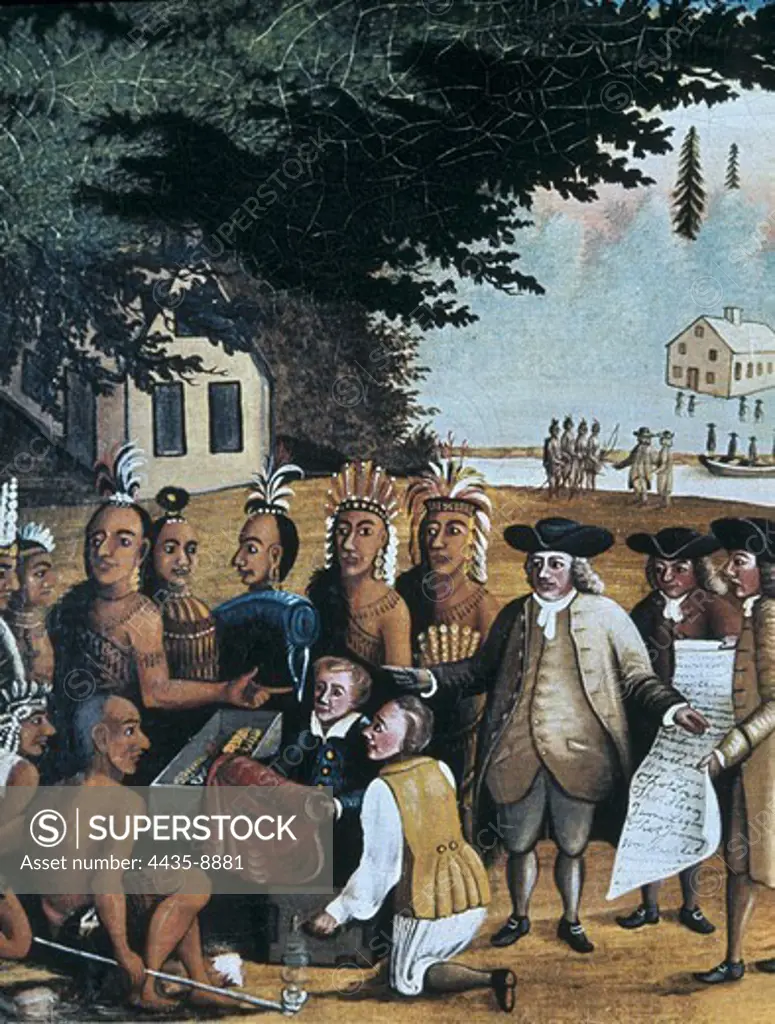 English settlers dealing with Indian people ('redskins'), 17th c. Painting.