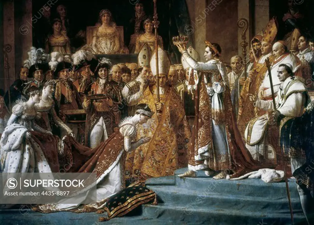 David, Jacques-Louis (1748-1825). The Consecration of the Emperor Napoleon and the Coronation of the Empress Josephine by Pope Pius VII, 2nd December 1804. 1806-1807. Central detail. This ceremony took place in the cathedral of Notre-Dame in Paris on the 2nd December 1804. Neoclassicism. Oil on canvas. FRANCE. LE-DE-FRANCE. Paris. Louvre Museum.
