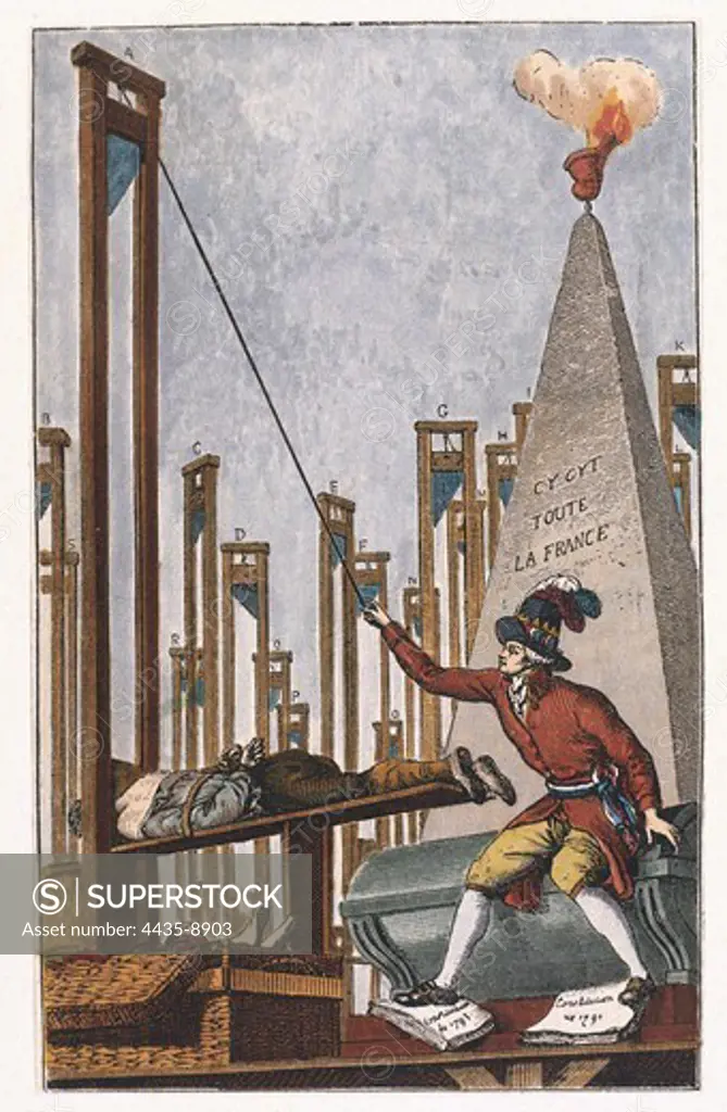 Robespierre Guillotining the Executioner Having Guillotined All the French People. Engraving.