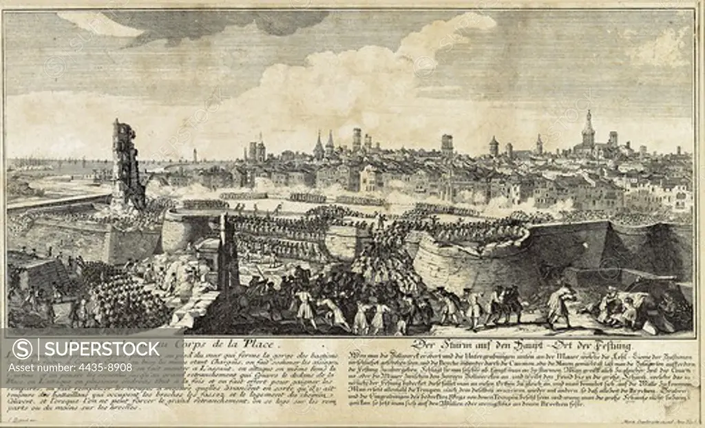 Spanish Succession War. Assault and conquest of Barcelona (11st September 1714). Engraving by Martin Engelbrecht after a drawing by Rigaud. Etching. SPAIN. CATALONIA. Barcelona. Barcelona City History Museum.