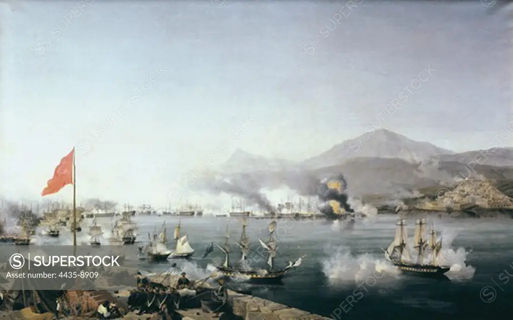 GARNERAY, Louis  (1783-1857). Naval Battle of Navarino. ca. 1827. Greek War of Independence (1821-1832). Battle of Navarino, October 20th, 1827. Victory of the British and French fleet on the ottoman. Oil on canvas. FRANCE. LE-DE-FRANCE. YVELINES. Versailles. National Museum of Versailles.