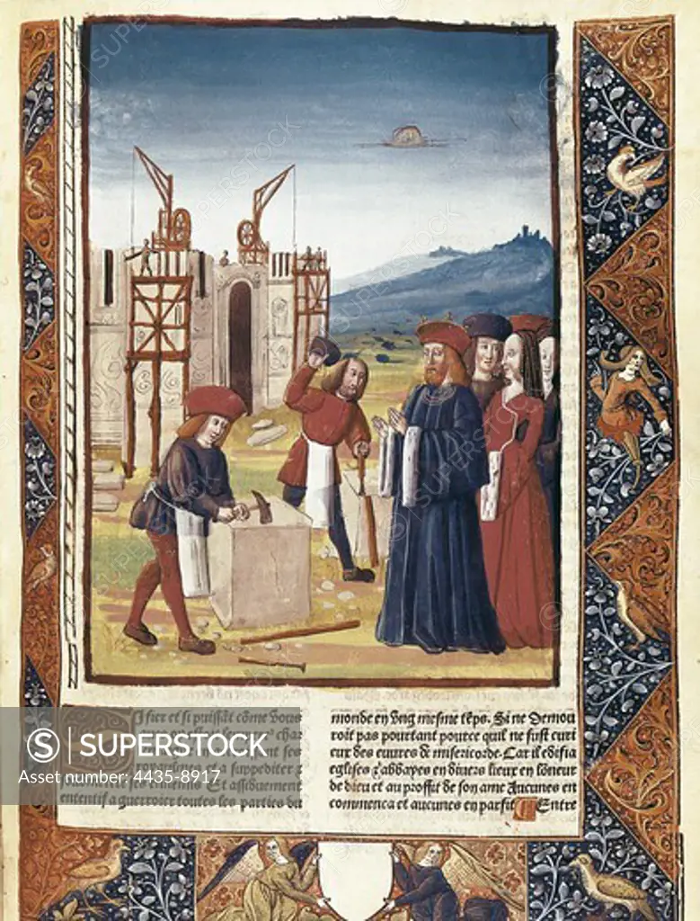 Charlemagne visiting the construction works of Aix la Chapelle, in 796 BC. Illustration from 'Grandes Chroniques de France', edition by Antoine V_rard (15th century). ITALY. PIEDMONT. Turin. National Library of the Turin University.