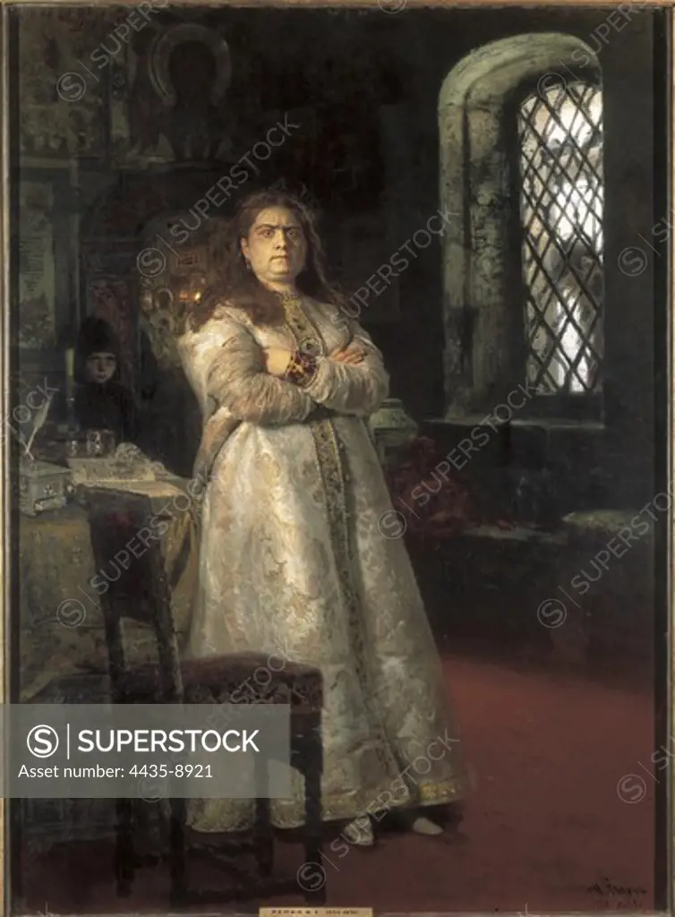 Repin, Ilya Yefimovich (1844-1930). Grand Duchess Sophia Alekseyevna at the Novodevichy Convent. 1879. His brother Peter I imprisoned her in the monastery where she died. Realism. Oil on canvas. RUSSIA. MOSCOW. Moscow. Tretyakov Gallery.