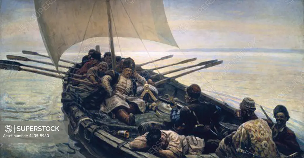 SURIKOV, Vasily Ivanovich (1848-1916). Stenka Razin Sailing in the Caspian Sea. 1906. Oil on canvas. RUSSIA. SAINT PETERSBURG. Saint Petersburg. State Russian Museum.