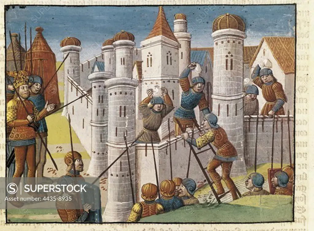 Carolingian Empire. The army of Charles the Great fighting to conquer Rome. Miniature from 'Ogier le Danois', illustrated by Antoine Verard (Paris, 1498). Gothic art. Miniature Painting. ITALY. PIEDMONT. Turin. National Library of the Turin University.