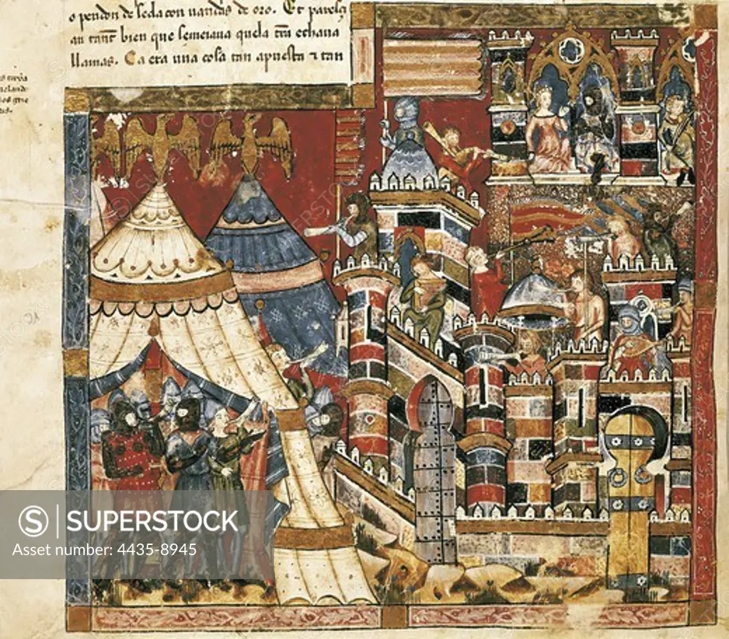 Trojan War. Greek camp and city of Troy. Fol. 40v of the Codex Benito Santa Mora (15th c.). Gothic art. Miniature Painting. SPAIN. MADRID (AUTONOMOUS COMMUNITY). San Lorenzo de El Escorial. Royal Library of the Monastery of El Escorial.