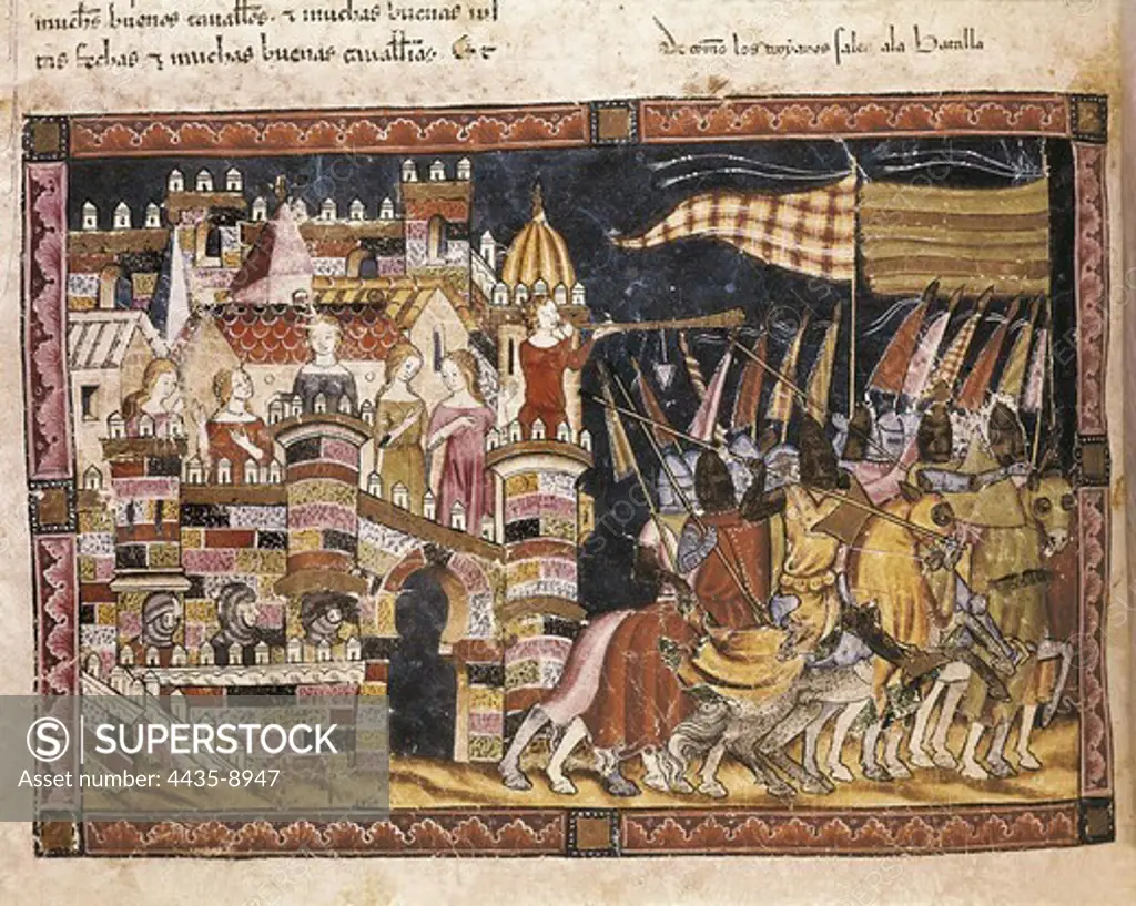 Trojan War. Trojans going to war. Fol. 86v of the Codex Benito Santa Mora (15th c.). Gothic art. Miniature Painting. SPAIN. MADRID (AUTONOMOUS COMMUNITY). San Lorenzo de El Escorial. Royal Library of the Monastery of El Escorial.
