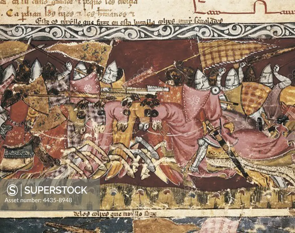 Trojan War. Battle between Greeks and Trojans. Fol. 110r of the Codex Benito Santa Mora (15th c.). Gothic art. Miniature Painting. SPAIN. MADRID (AUTONOMOUS COMMUNITY). San Lorenzo de El Escorial. Royal Library of the Monastery of El Escorial.
