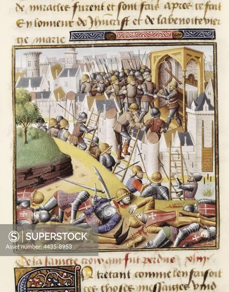VINCENT of BEAUVAIS (1190-1264). Speculum historiale. ca. 1460. Crusades. Lost of the Holy Cross. Fol. 356r of the volume III of 'Le Miroir Historial' by Vincent de Beauvais, picture by Master Franois (15th c.). Gothic art. Miniature Painting. FRANCE. PICARDY. OISE. Chantilly. Mus_e Cond_ (Cond_ Museum).