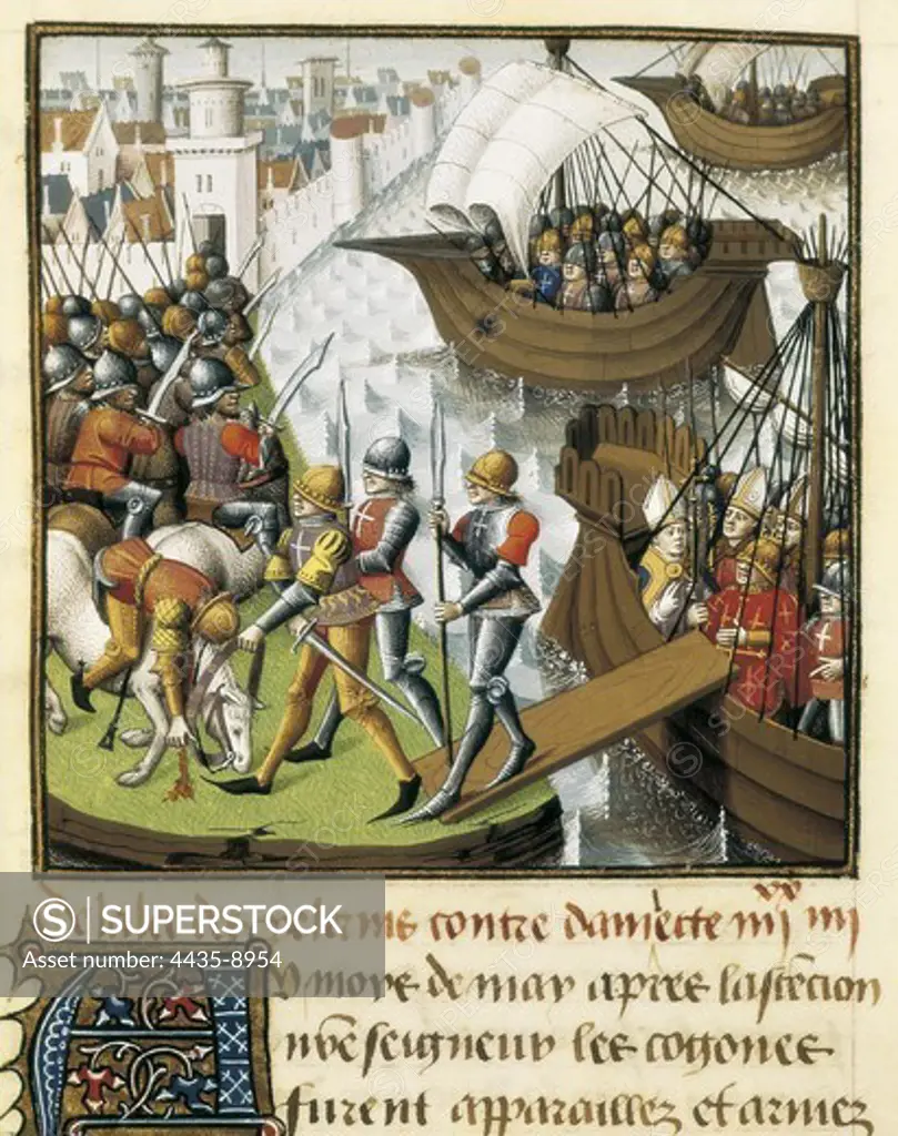 VINCENT of BEAUVAIS (1190-1264). Speculum historiale. ca. 1460. Seventh Crusade. The Crusaders fleet disembarking in Damietta in 1249. Fol. 418r of the volume III de Le Miroir Historial by Vincent de Beauvais, work of the Master Franois (15th c.). Gothic art. Miniature Painting. FRANCE. PICARDY. OISE. Chantilly. Mus_e Cond_ (Cond_ Museum).