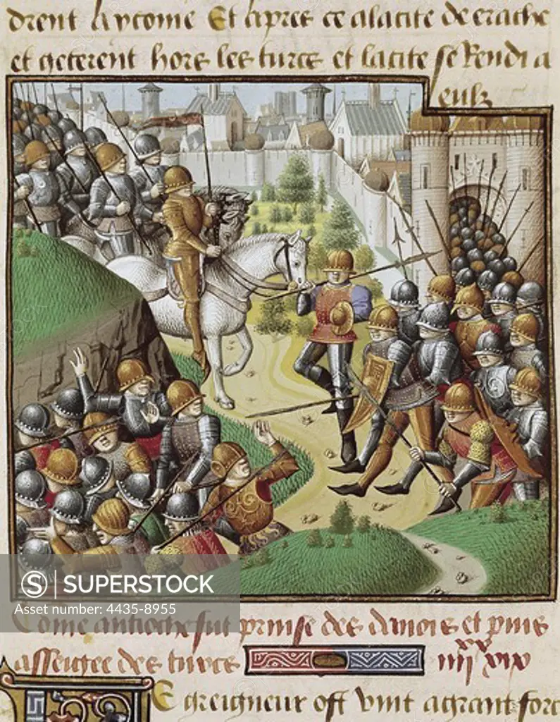 VINCENT of BEAUVAIS (1190-1264). Speculum historiale. ca. 1460. First Crusade. Siege of Antioch. Page 182 of the third volume of 'Le Miroir historial de Vincent de Beauvais', composed by Master Franois (15th c.). Gothic art. Miniature Painting. FRANCE. PICARDY. OISE. Chantilly. Mus_e Cond_ (Cond_ Museum).