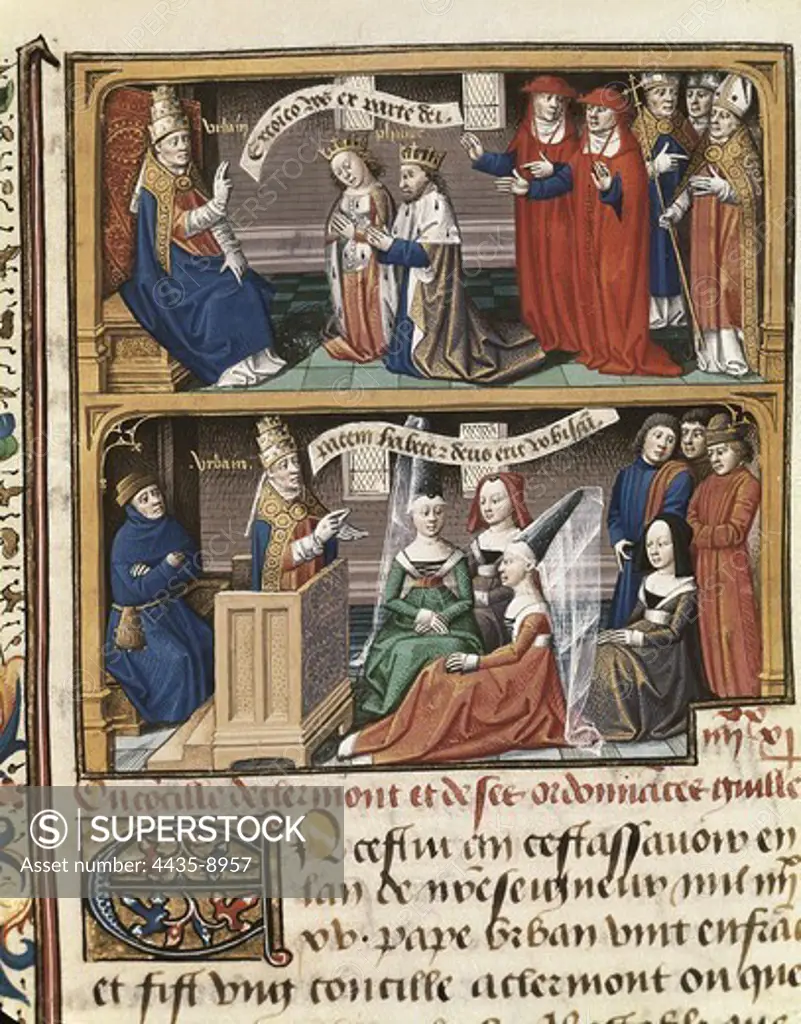 VINCENT of BEAUVAIS (1190-1264). Speculum historiale. ca. 1460. Council of Clermont-Ferrand (1095). Pope Urban II excommunicates the king Philip I of France and Bertrand de Montford. Gothic art. Miniature Painting. FRANCE. PICARDY. OISE. Chantilly. Mus_e Cond_ (Cond_ Museum).