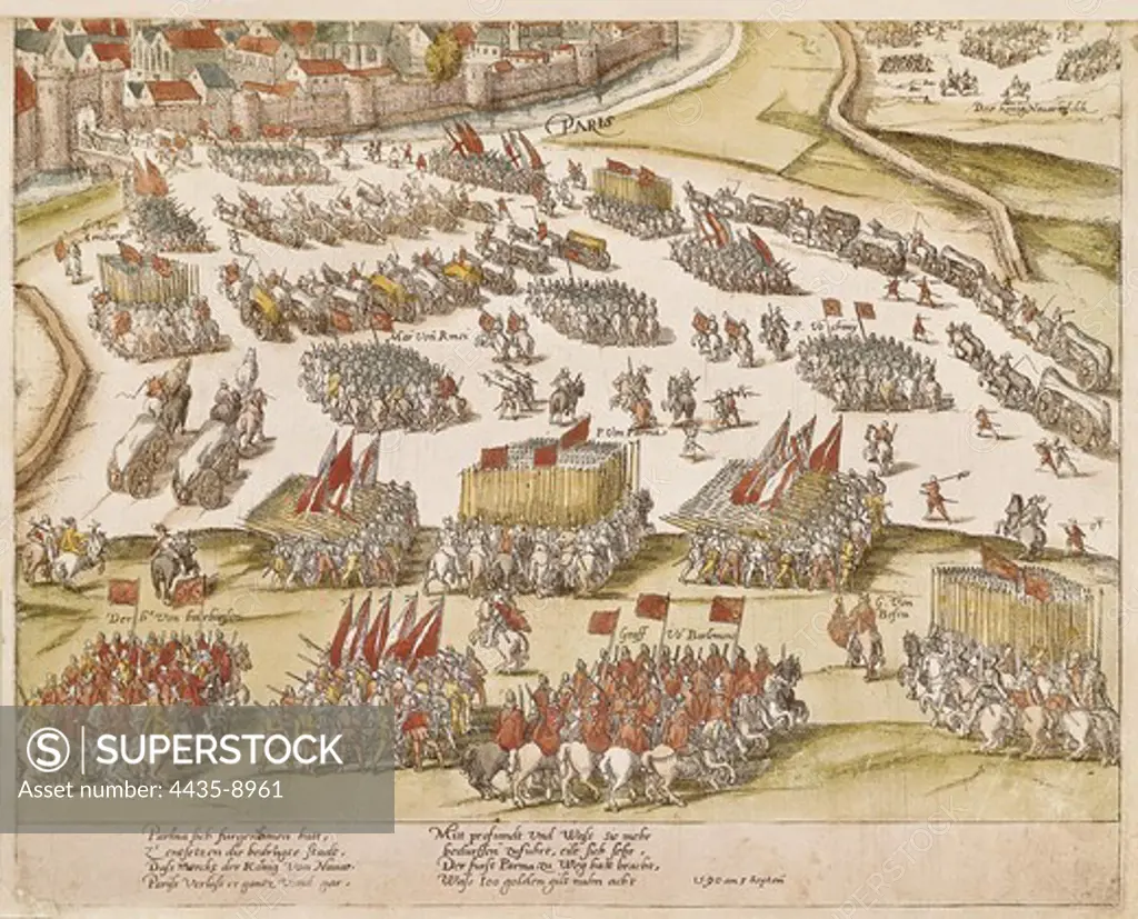 France. Religious Wars. The Protestant army of Henry IV raises the Paris siege after the arrival of the Spanish Tercios commanded by the Duke of Parma (September 3rd, 1590). Engraving. FRANCE. LE-DE-FRANCE. Paris. Mus_e Carnavalet (Carnavalet Museum).
