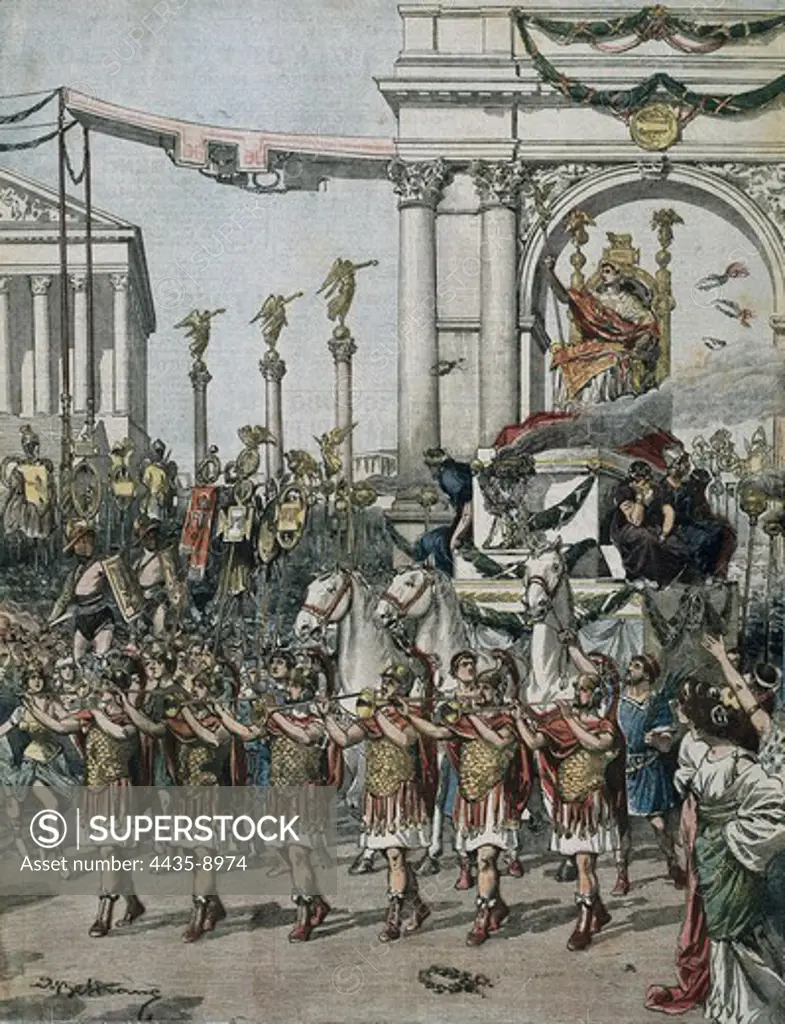 'The Victory of  Julius Caesar'. Illustration by Antonio Beltrame in 'La Domenica del Corriere', January 10th.