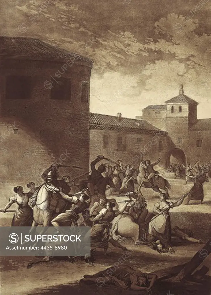Spain. Peninsular War (1808-1814). Battle in Saragossa. Saragossan women facing up to French dragoons (15th October 1808). Litography. SPAIN. MADRID (AUTONOMOUS COMMUNITY). Madrid. National Library.