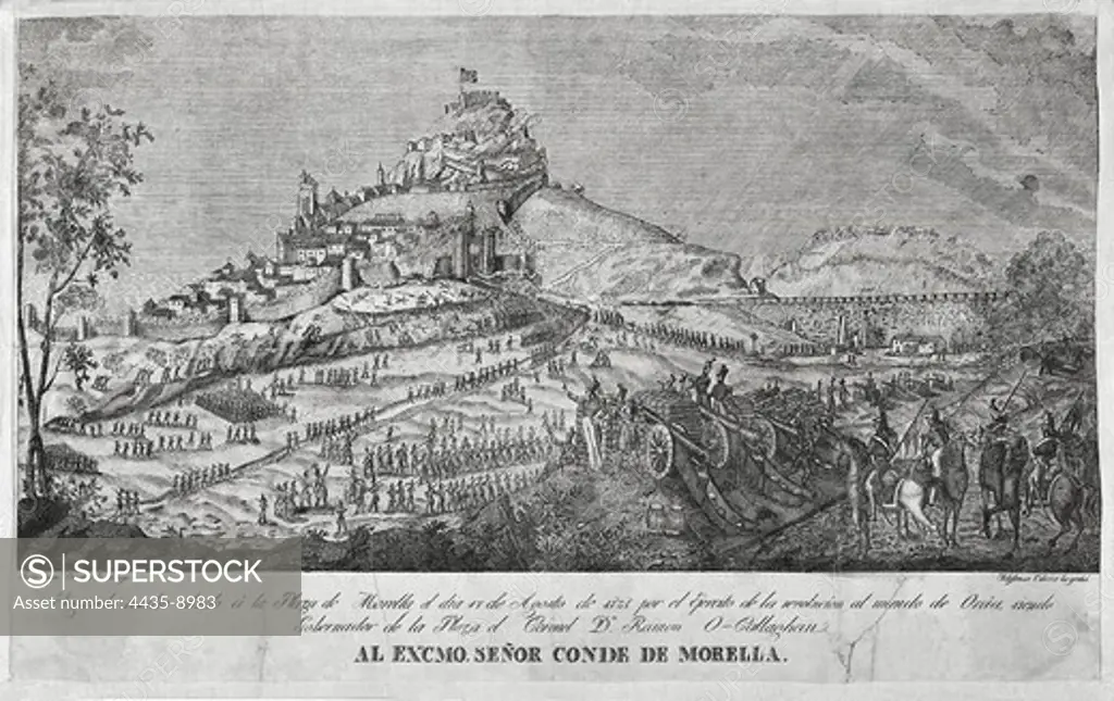 Spain. First Carlist War. Second assault to Morella by the army of Oria. Engraving. SPAIN. MADRID (AUTONOMOUS COMMUNITY). Madrid. National Library.
