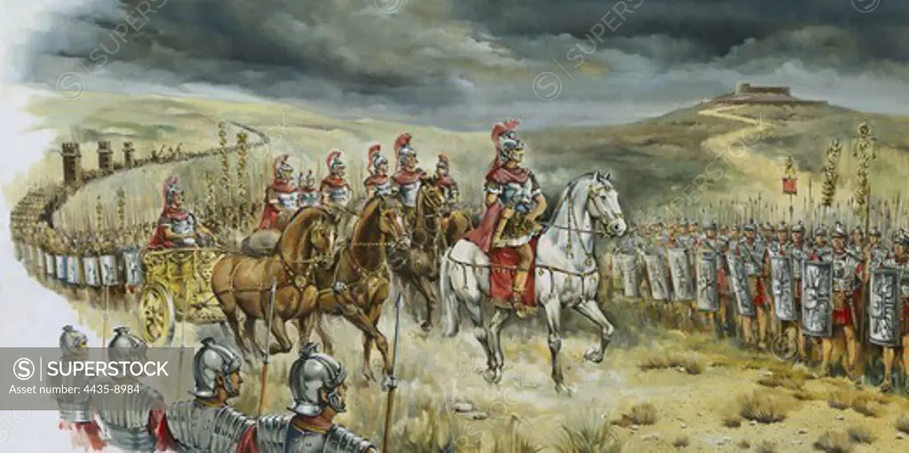 Army of the Roman Empire. Officers in the review of the formed legions. Illustration by Lluis BargallÑ. Watercolour.