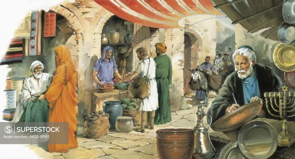 Market scene in the Middle Ages in the Iberian Peninsula. From left to right, dealer Muslim, Christian and Hebrew. Illustration by Lluis BargallÑ. Watercolour.