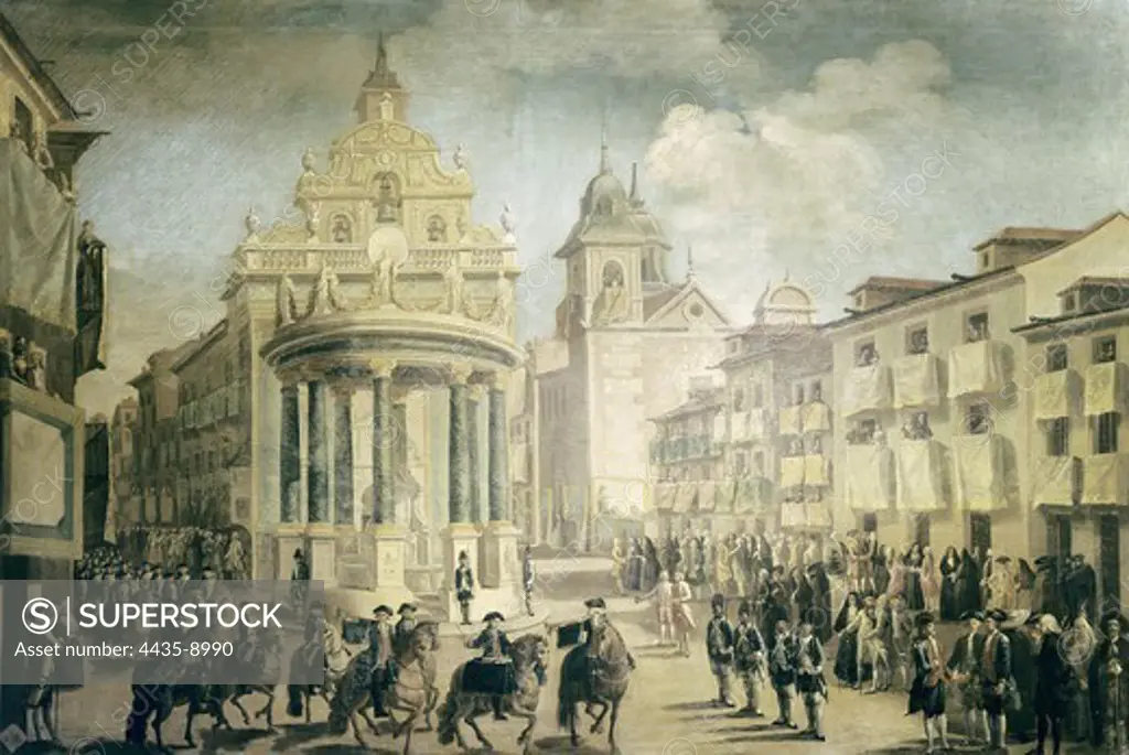 Decorations of Puerta del Sol, in occasion of the entrance into Madrid of Charles III. 2nd half 18th c. Anonymous. Oil on canvas. SPAIN. MADRID (AUTONOMOUS COMMUNITY). Madrid. Museo de Historia.