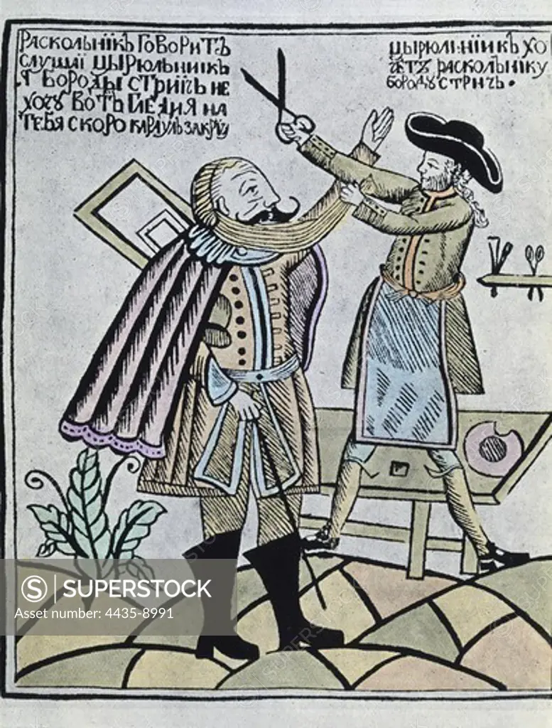 Russia (17th-18th centuries). Drawing on how men had to shave according to royal law. Engraving.