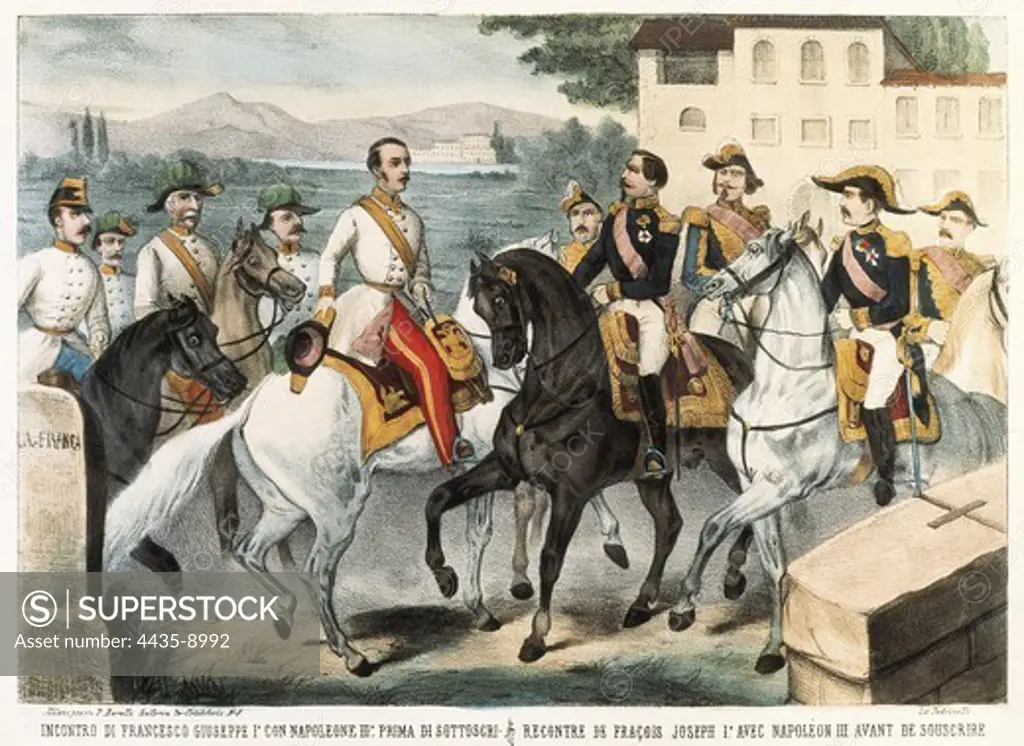 Italian Unification (1859). Meeteng between Francis Joseph I and Napoleon III before the Conference of Villafranca. Litography.