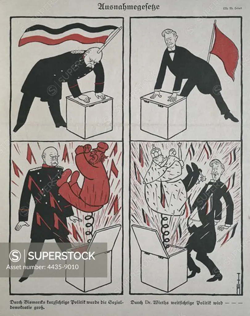 'Ausnahmegesetze' (emergency laws). Thomas Theodor Heine Caricature comparing Bismarck's inability to contain the social democracy and Joseph Wirth, Chancellor of Germany from 1921 to 1922, to contain the monarchists. Published in the German satirical magazine 'Simplicissimus', July 26, 1922. Engraving.
