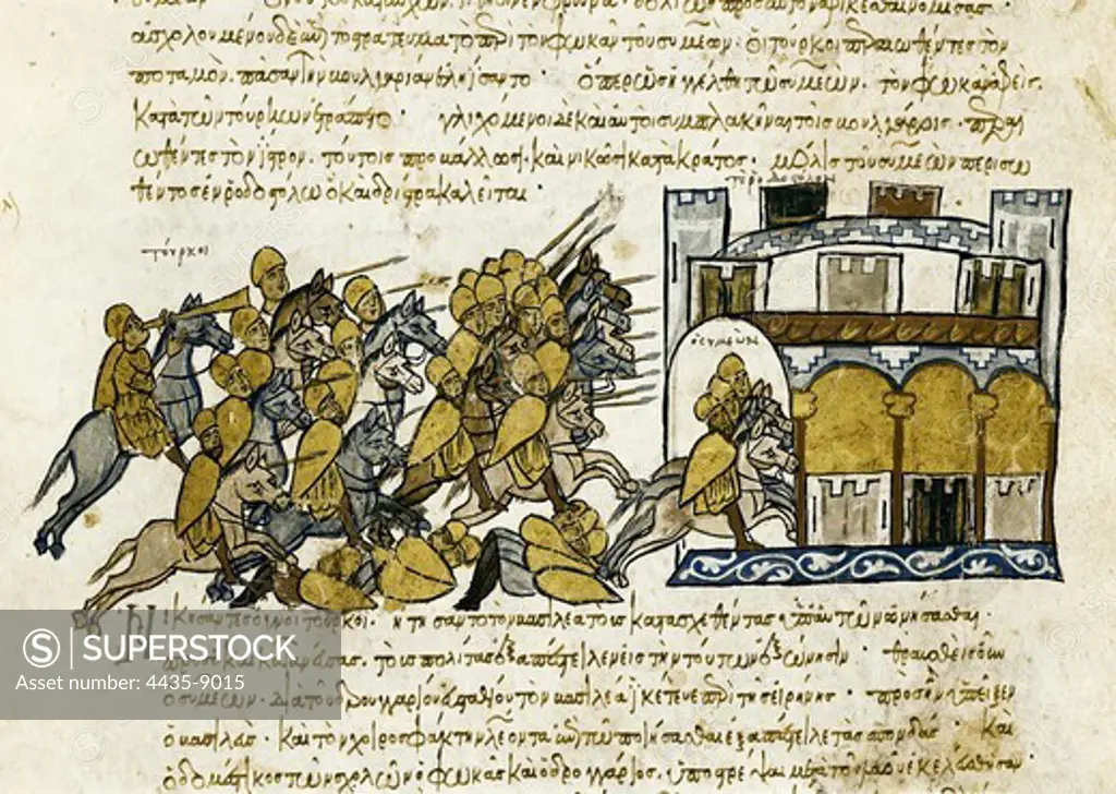 SKYLITZER, John (9th century). Madrid Skylitzes 'Synopsis historiarum'. Synopsis of Histories about the reigns of the Byzantine emperors. 12th c. War against the Bulgarians (893) declared by LeÑn VI and in which his armies were defeated. Bulgarian and Hungarian soldiers. Manuscript produced in Sicily. Byzantine art. Miniature Painting. SPAIN. MADRID (AUTONOMOUS COMMUNITY). Madrid. National Library.