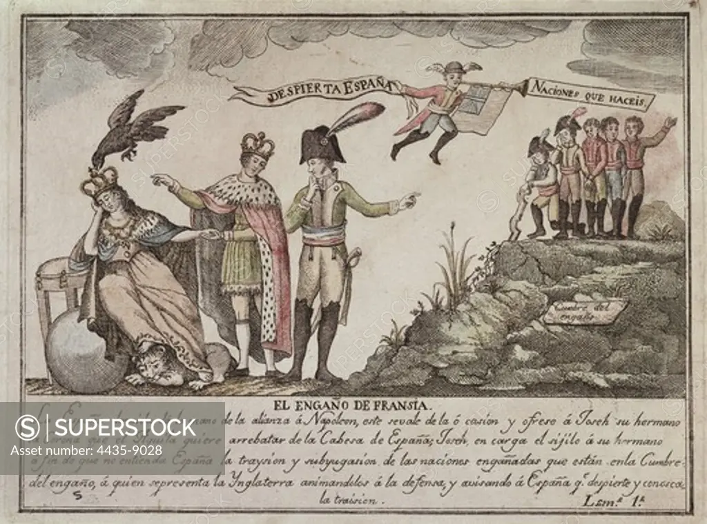 Spain. War of Independence (1808-1814). 'El engaÐo de Fransia' (trick of France). NapoleÑn offers to his brother Joseph the sleep Spain. Engraving. SPAIN. MADRID (AUTONOMOUS COMMUNITY). Madrid. Museo de Historia.