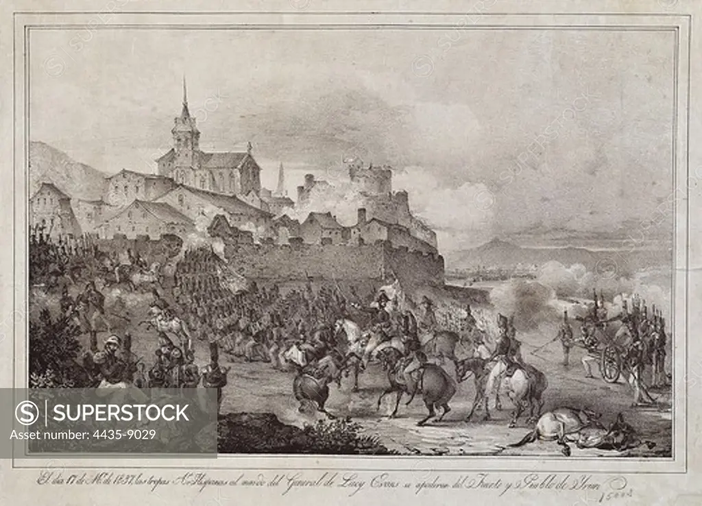 Spain. First Carlist War. Siege and conquest of Irun (may 17, 1837) by the liberal troos of general Lacy Evans. Engraving. SPAIN. MADRID (AUTONOMOUS COMMUNITY). Madrid. National Library.