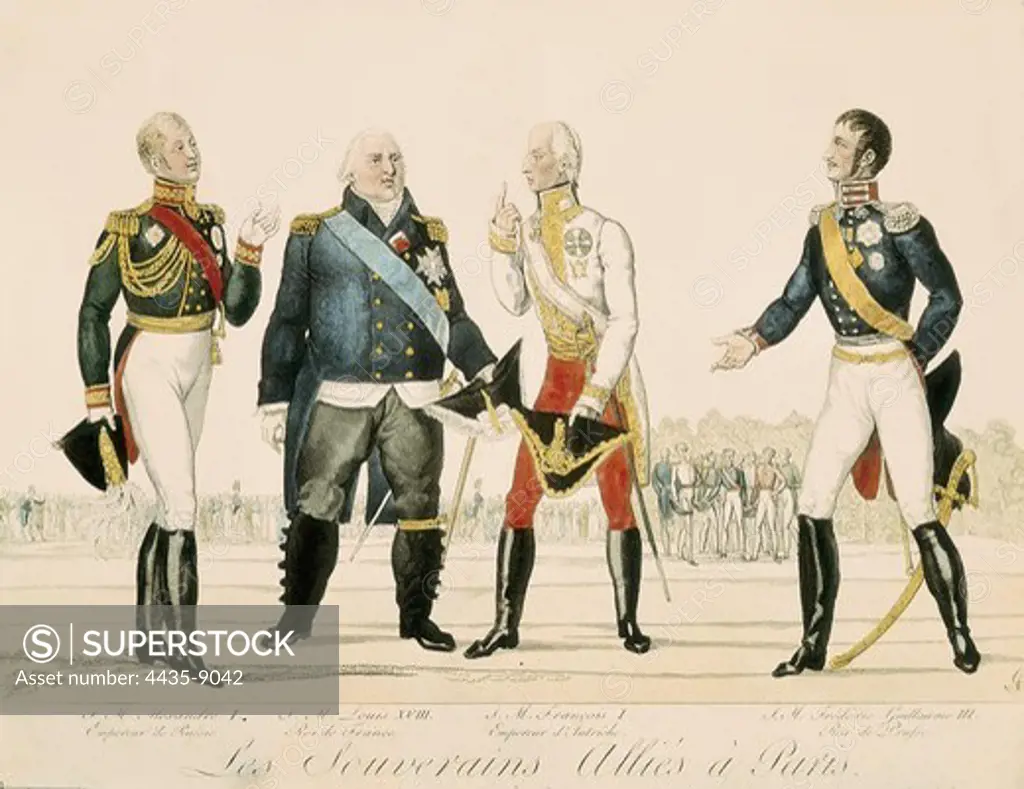 The Allied sovereigns in Paris (1815). From left to right, Tsar Alexander I of Russia, Louis XVIII of France, Francis II of Austria and Frederick William III of Prussia. Etching. FRANCE. LE-DE-FRANCE. Paris. Mus_e Carnavalet (Carnavalet Museum).