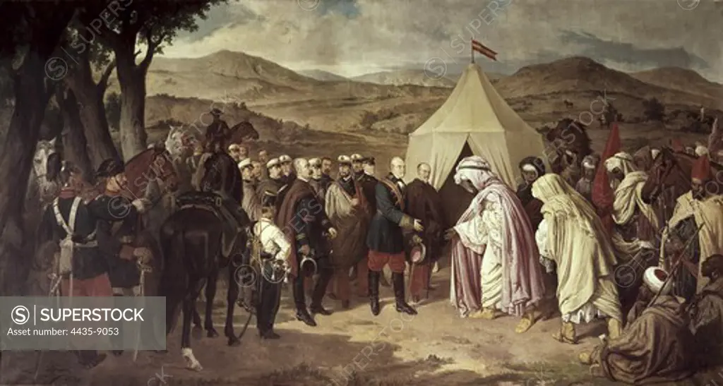DOMINGUEZ BECQUER, JoaquÕn (1818-1879). The Moroccan Peace. Meeting between general O'Donnell and the prince Muley-el-Abas. Preliminary talks to the signature of the Wad-Ras Armistice (25th March 1860). Oil on canvas. SPAIN. CASTILE-LA MANCHA. Toledo. Army Museum.