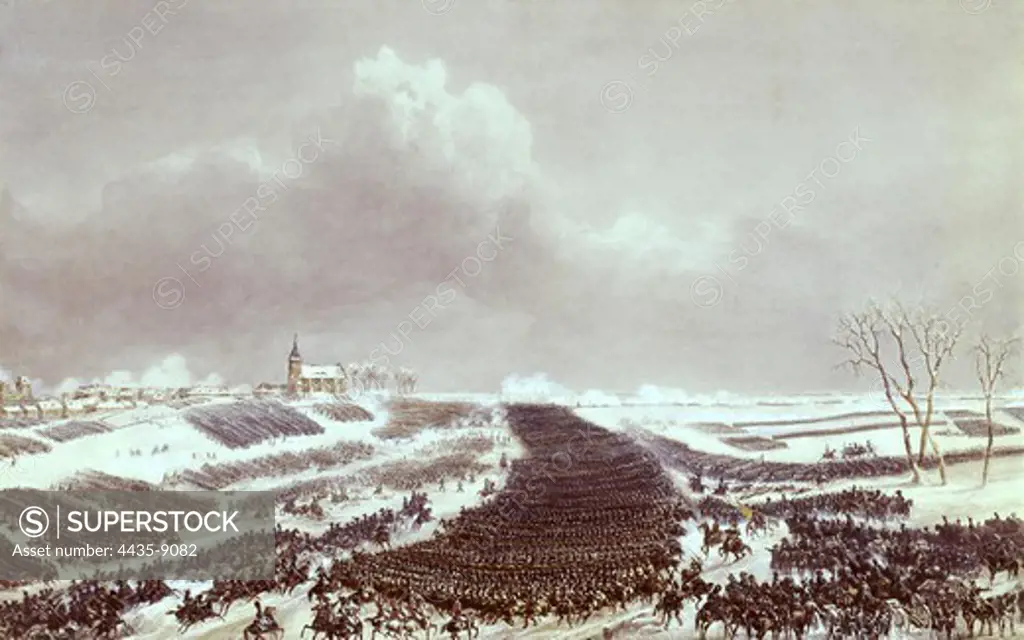 Battle of Eylau, a battle between Napol_on's Grande Arm_e and a Russian Empire army under Levin August, Count von Bennigsen near the town of Preu¤isch Eylau in East Prussia. Watercolour.