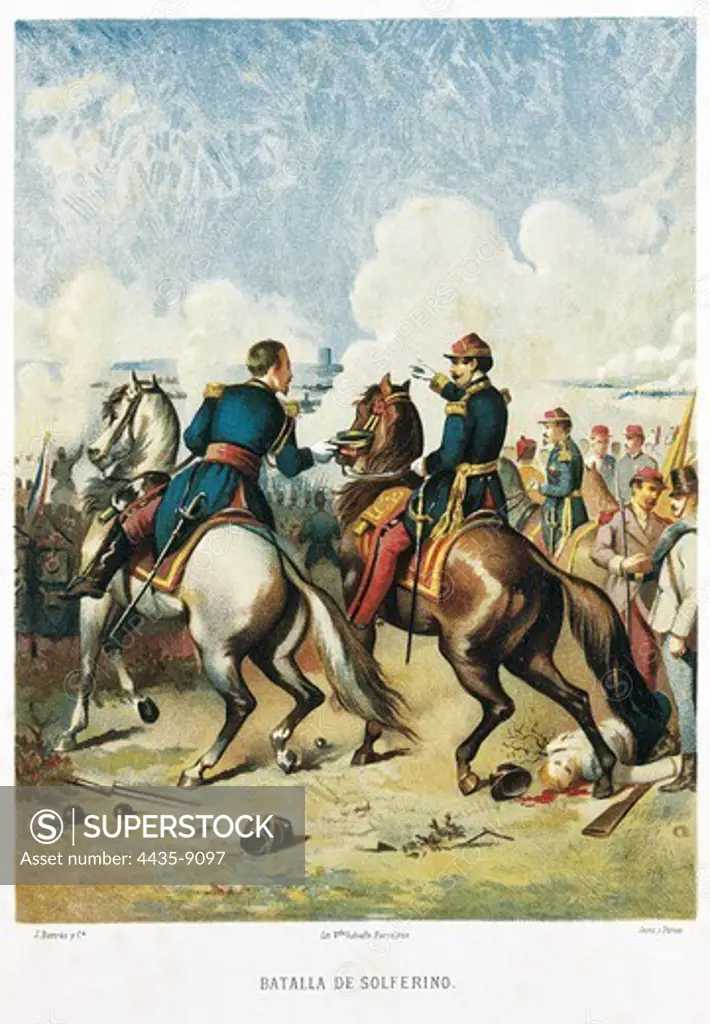 Italian Unification. Battle of Solferino (24th June 1859). Litography.