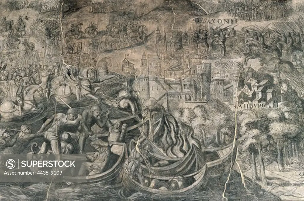 Battle of MÙhlberg: Charles V's imperial troops crossing Elbe river. Detail. Gothic art. Fresco. SPAIN. NAVARRE. Pamplona. Navarra Museum.