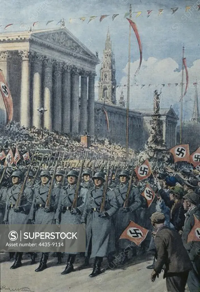 Austria (March, 1938). German troops parade before Hitler in the streets of Vienna after the annexation of Austria to the Reich or Anschluss. Engraving.
