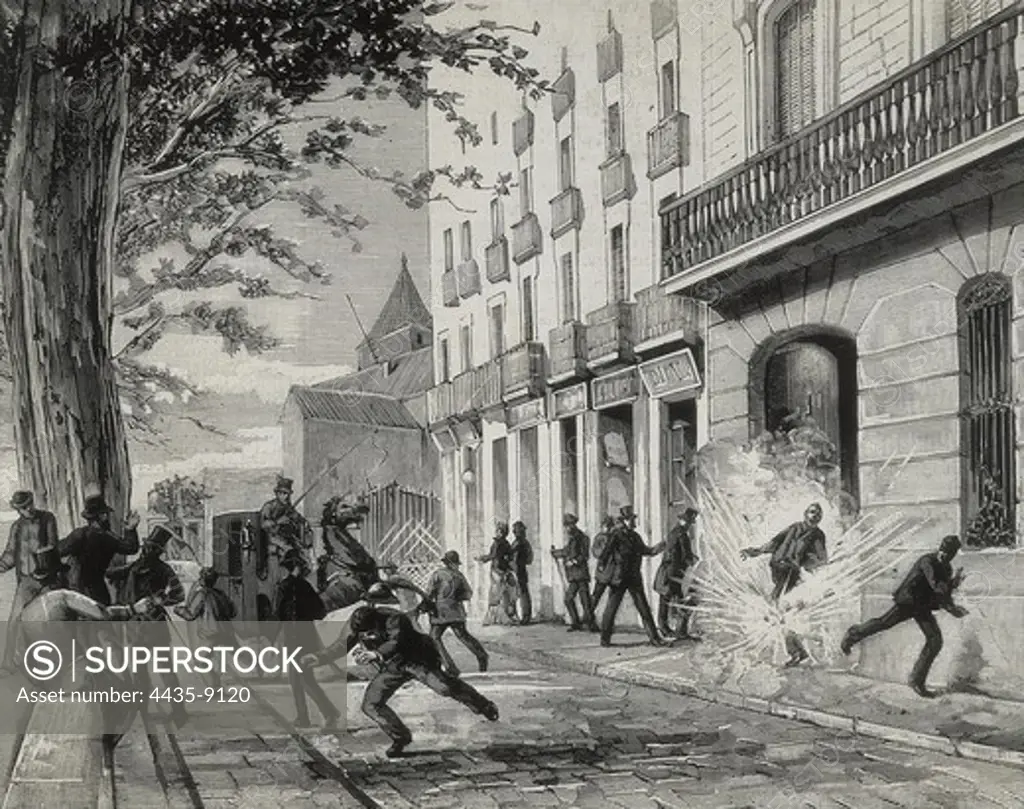 Spain (1884). Barcelona. Explosion of a grenade at0 Rambla Santa MÑnica, at the doorway of Mr. Mas' shop (5th June 1884). Etching.