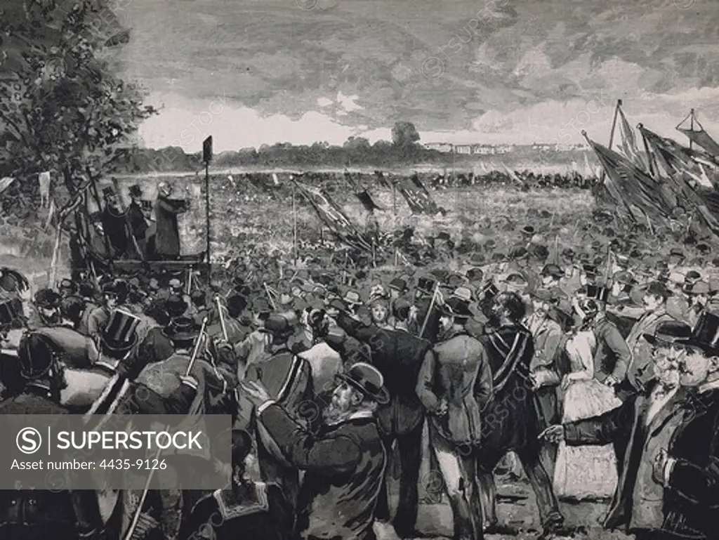 Big popular meeting against the House of Lords, celebrated in July 19th 1884 in Hyde Park. Engraving.
