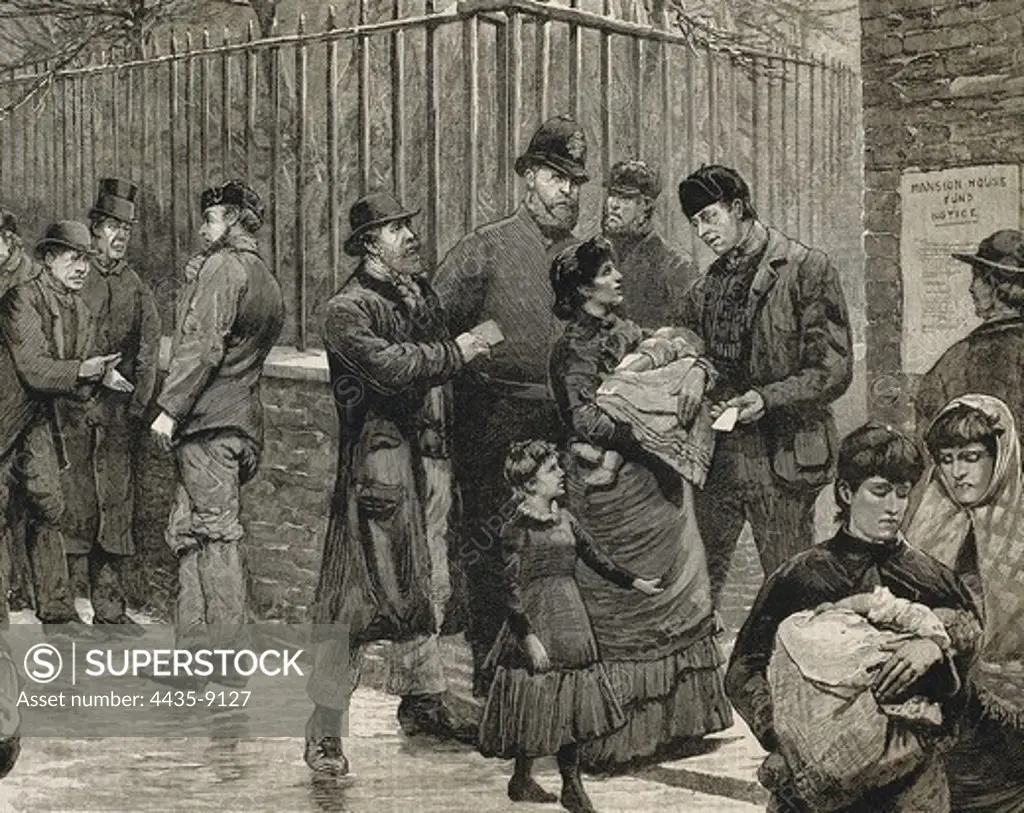 Unemployed people from East End of London beg for money. Image published in 'The Illustrated London News'. Engraving.