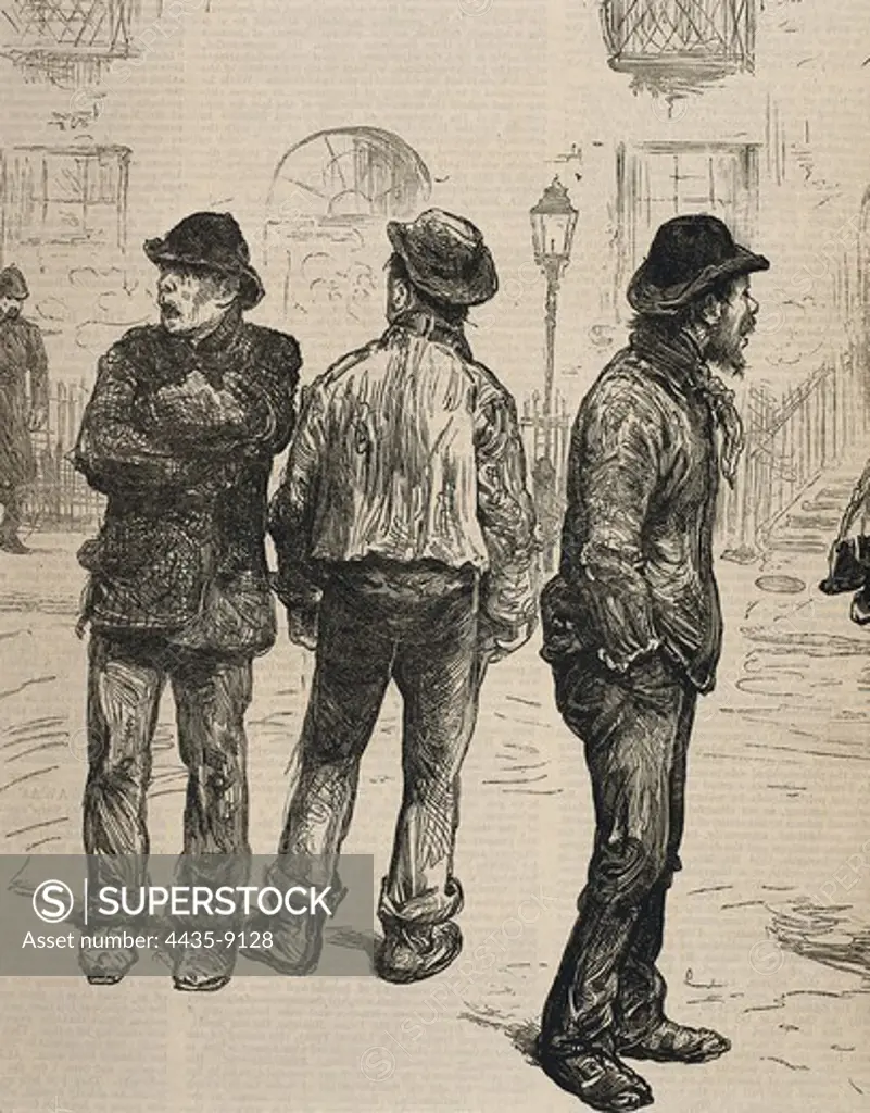 Unemployed workers demonstrate along London streets against the lack of employment. Drawing by F.Barnard published in 'The Illustrated London News'. Engraving.