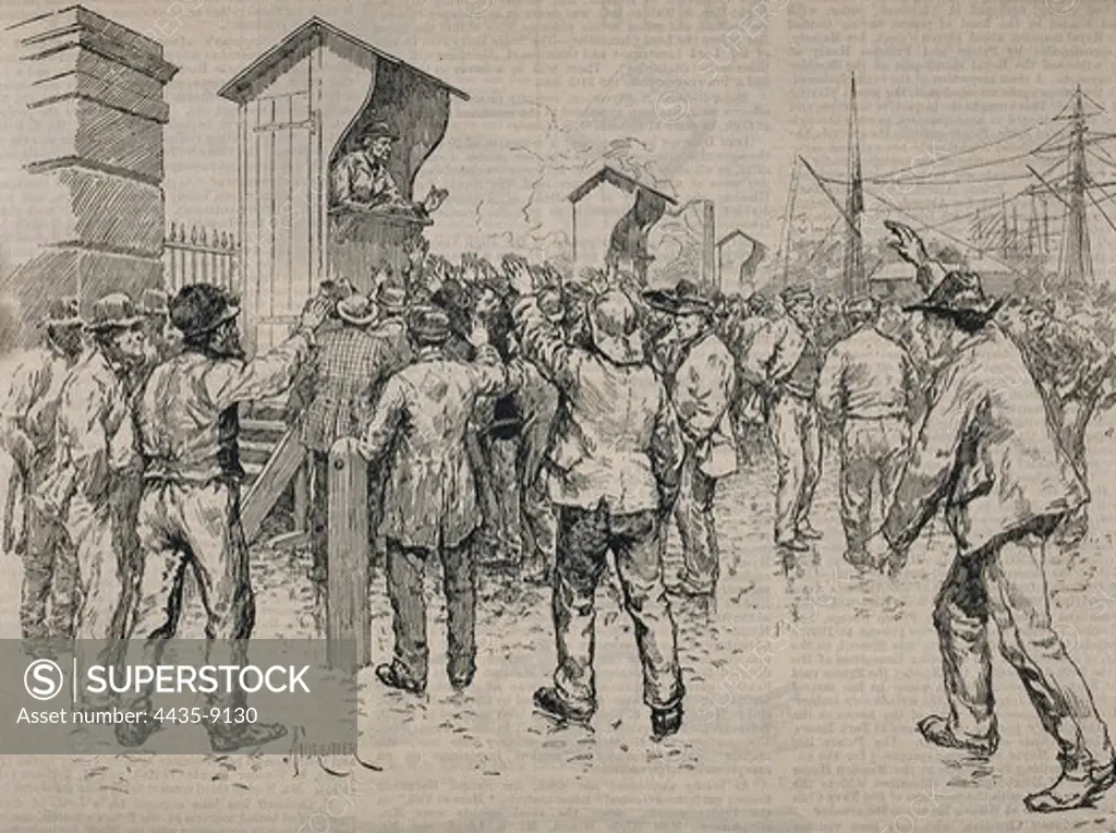 Hiring people to work in the West India Docks. Image published in 'The Illustrated London News'. Engraving.