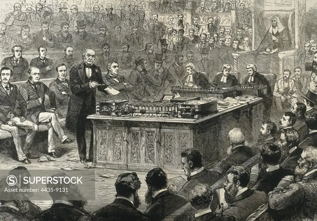 United Kingdom (1886). Prime Minister William Ewart Gladstone, from the Liberal Party, presents before the House of Commons his Home Rule project for Ireland. Etching.