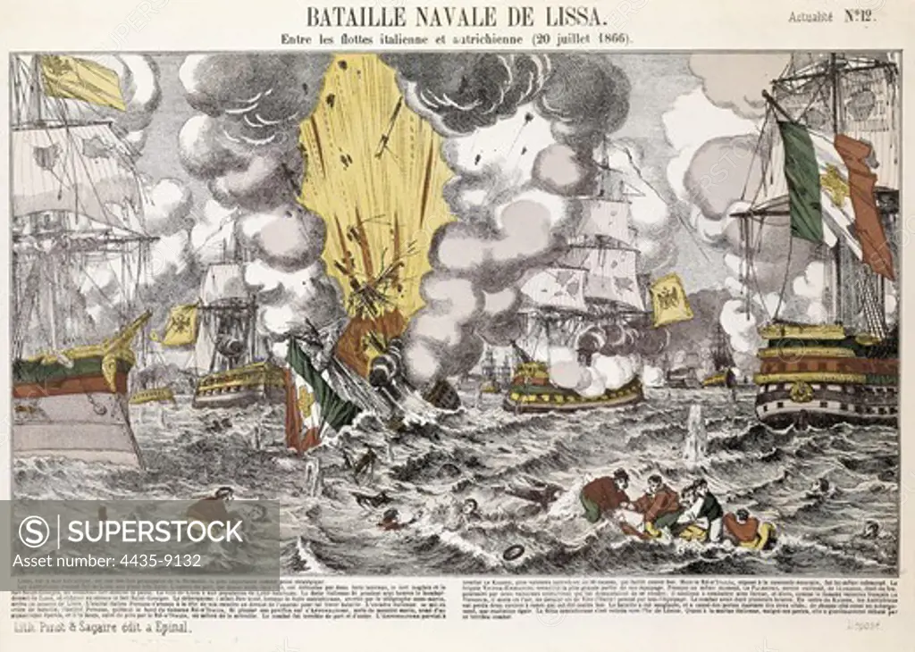 Italian Unification. Battle of Lissa (July 20, 1866). Naval battle between the Italian and Austrian navies in front the town of Lissa, in Adriatic Sea. Etching. ITALY. LOMBARDY. Milan. Risorgimento Museum.