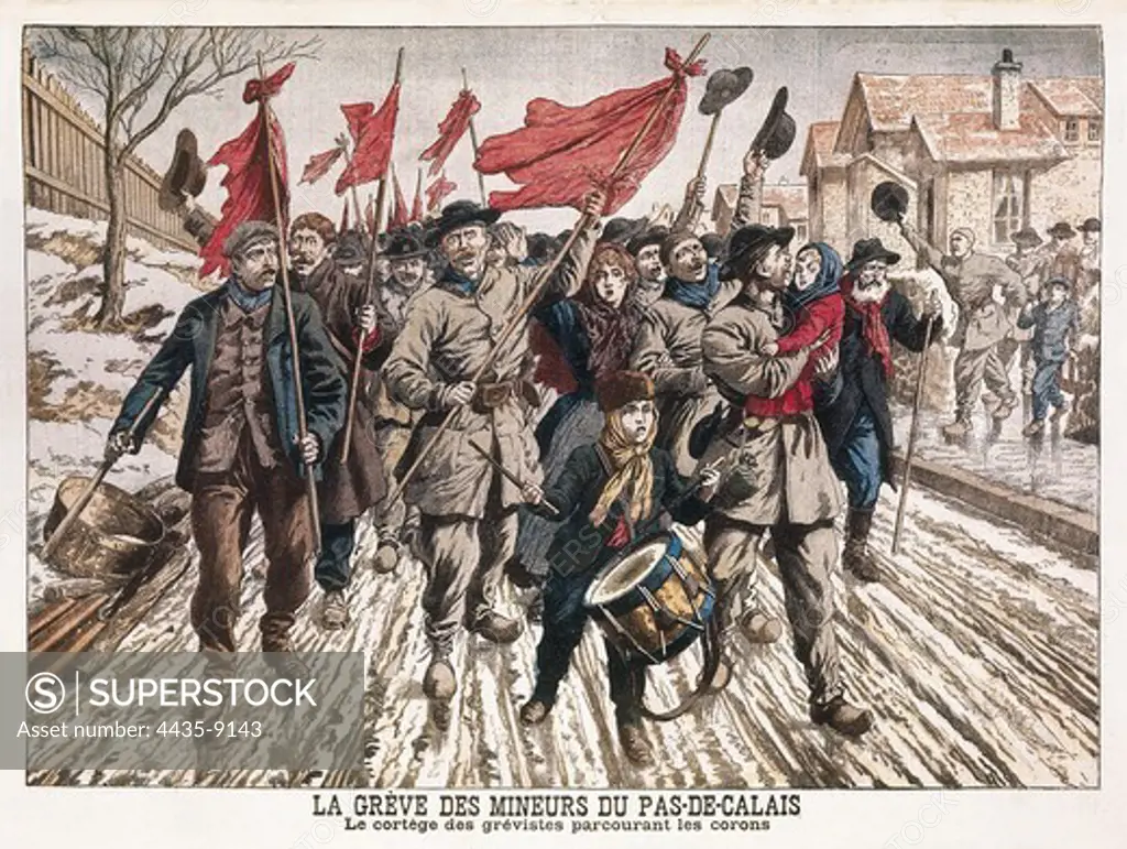 France (19th c.). Workers' movement. Strike of miners in Pas-de-Calais. The strikers's demonstration on the streets of the city. Engraving. FRANCE. LE-DE-FRANCE. Paris. National Library.