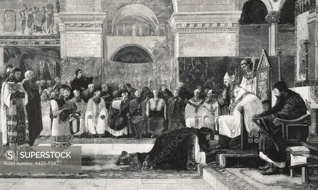 SISENAND (6th centuryI). Visigothic king (631 - 636). The king at the Fourth Council of Toledo. From a painting by Mariano Vayreda. Engraving.